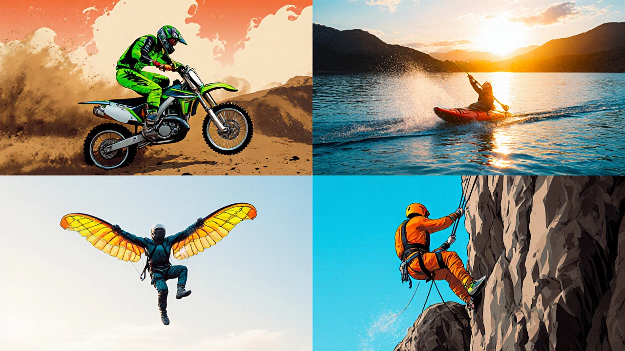 Четырёхчастный кадр: мотоциклист, каякер, парапланщик и скалолаз в своих средах.