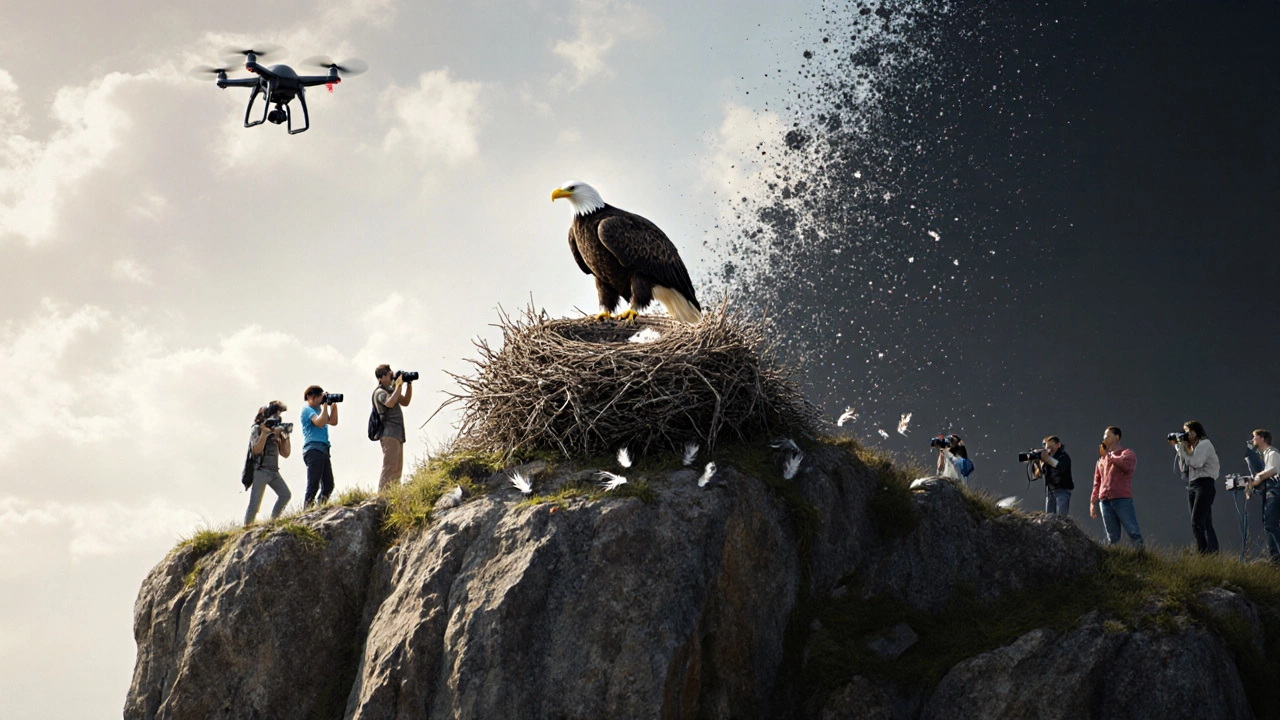 Дрон над гнездом беркута, а внизу туристы с камерами на расстоянии — природа нарушена и спасена одновременно.