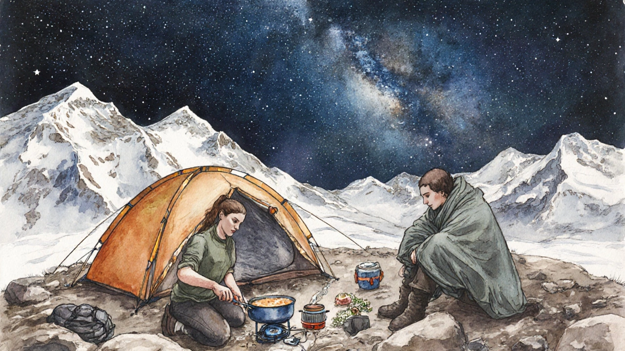 Группа туристов готовит еду у палатки под звёздным небом в горах.
