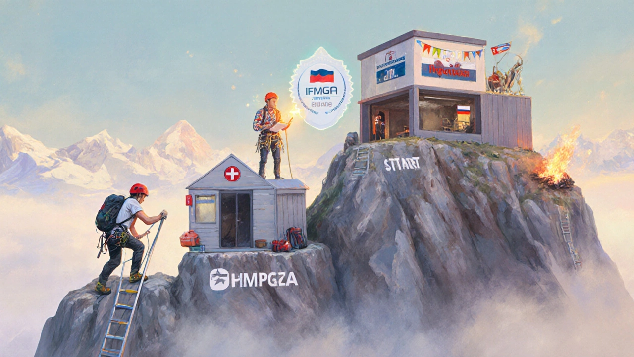 Художественное изображение карьерного пути альпиниста: от клубного новичка до владельца горной школы.