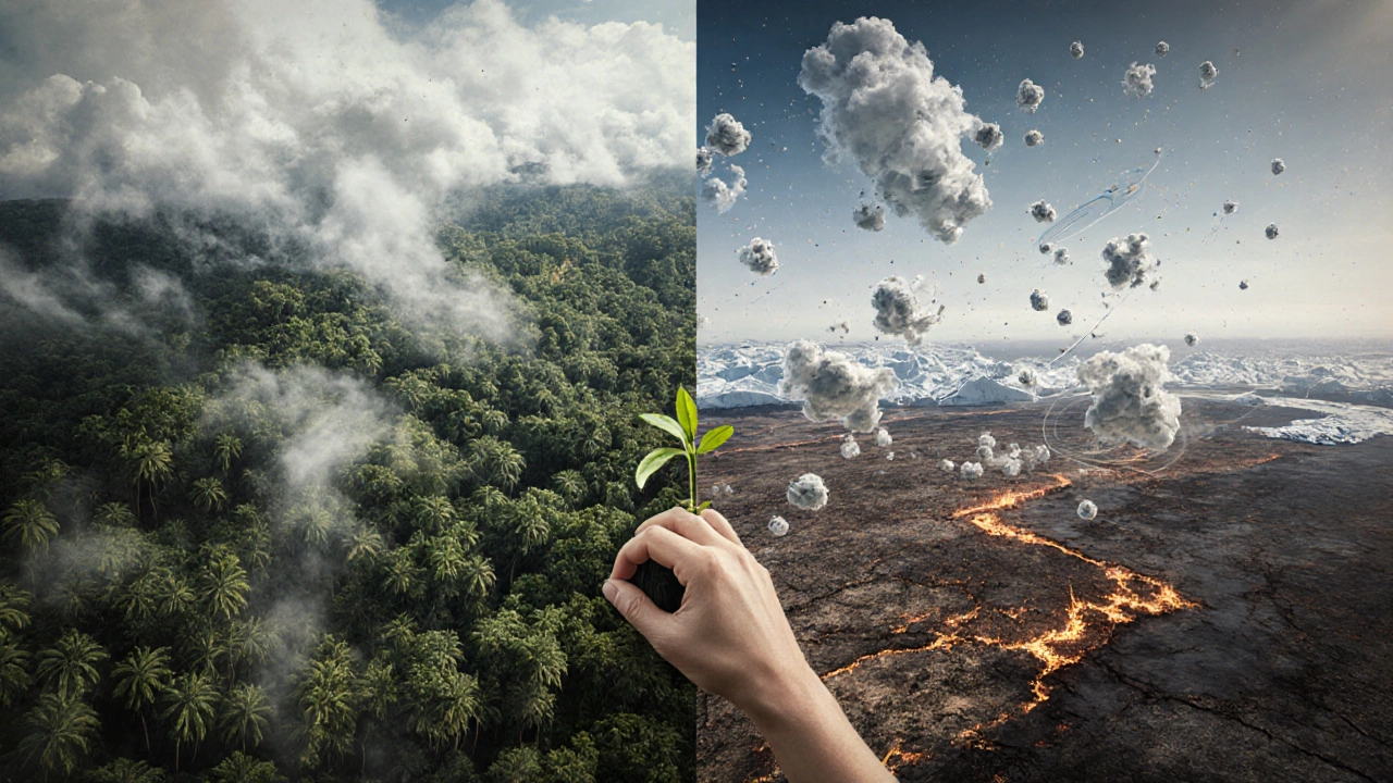 Контраст: живой тропический лес и вырубленная земля, соединённые потоками углекислого газа.