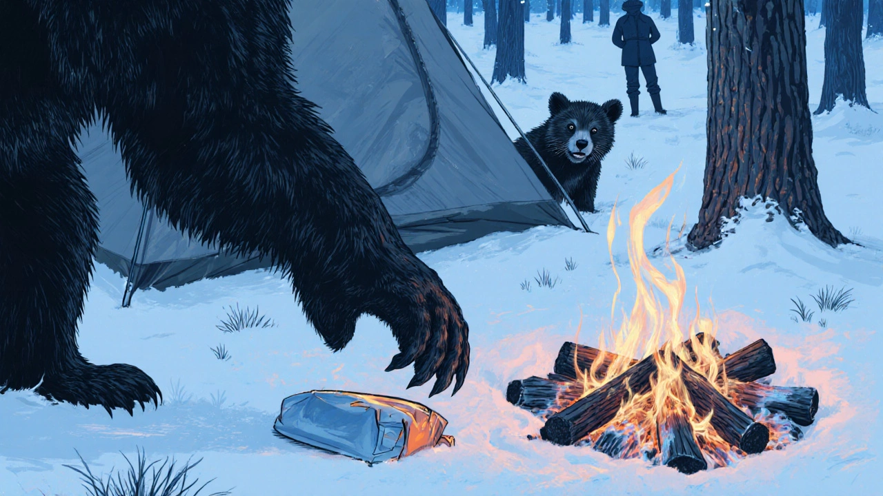 Медведь тянется к брошенному пакетику от чая, рядом — угасающие угли костра и испуганный медвежонок.