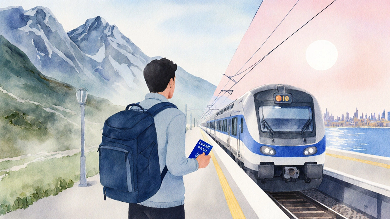 Путешественник с Eurail Pass у двери поезда на фоне гор