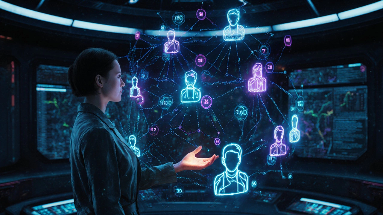 Рекрутер в футуристическом помещении взаимодействует с голографическим AI‑интерфейсом поиска талантов.