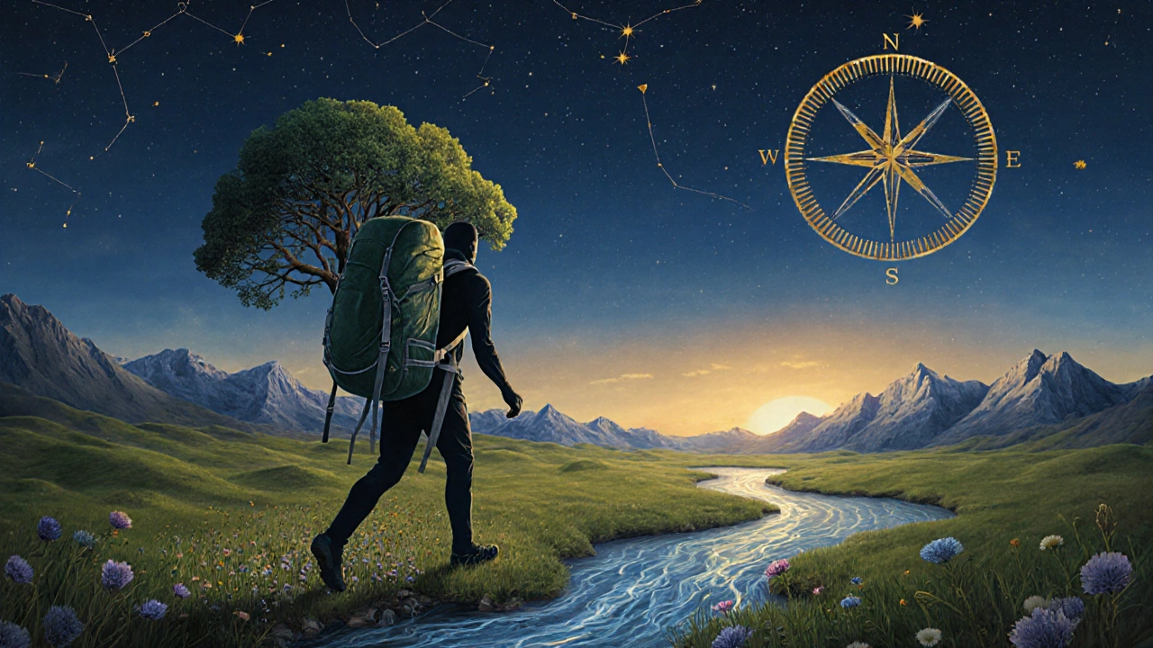 Символическое изображение человека, чей рюкзак превращается в горы и реки.