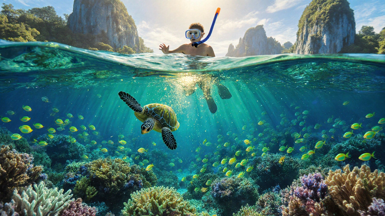 Сноркелинг над яркими кораллами и морской черепахой в Палаване, Филиппины.