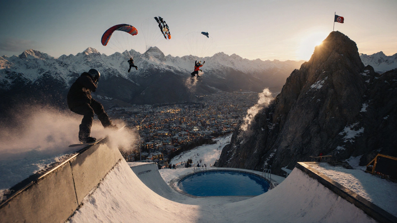 Снубордист, скейтбордист, парашютист, дайвер и скалолаз одновременно в экстремальном действии.