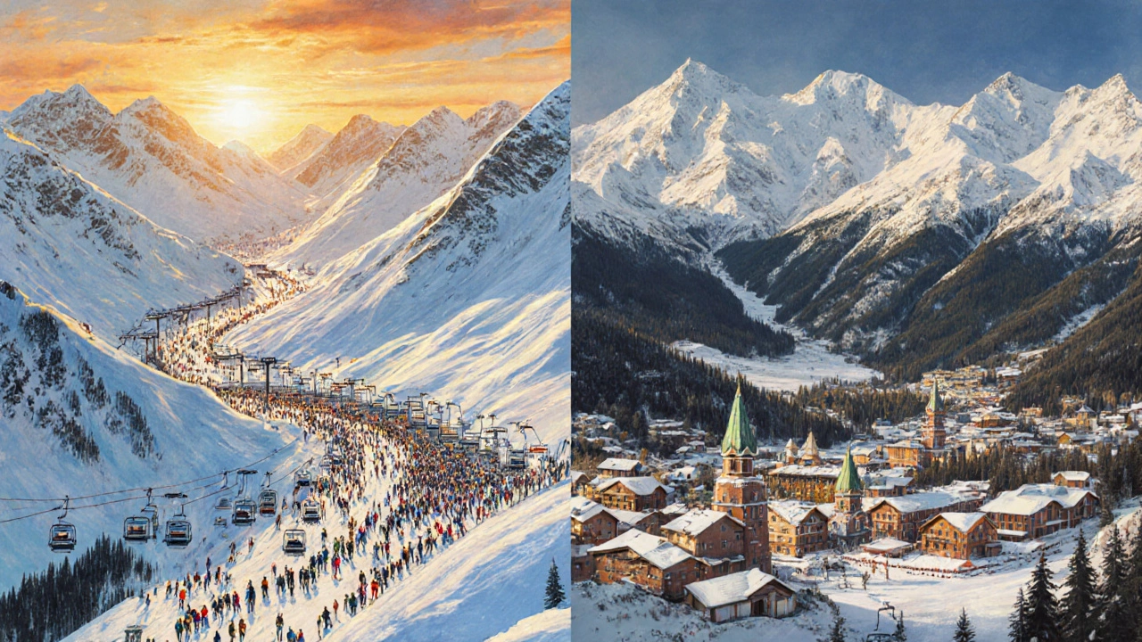 Сравнительная сцена: Les 3 Vallées в Альпах и Красная Поляна в России, показывающая разницу масштаба.