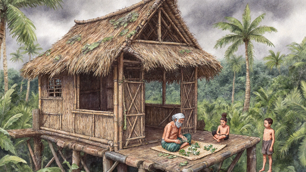Традиционный дом коренных жителей в тропиках с человеком, готовящим лекарственные растения.