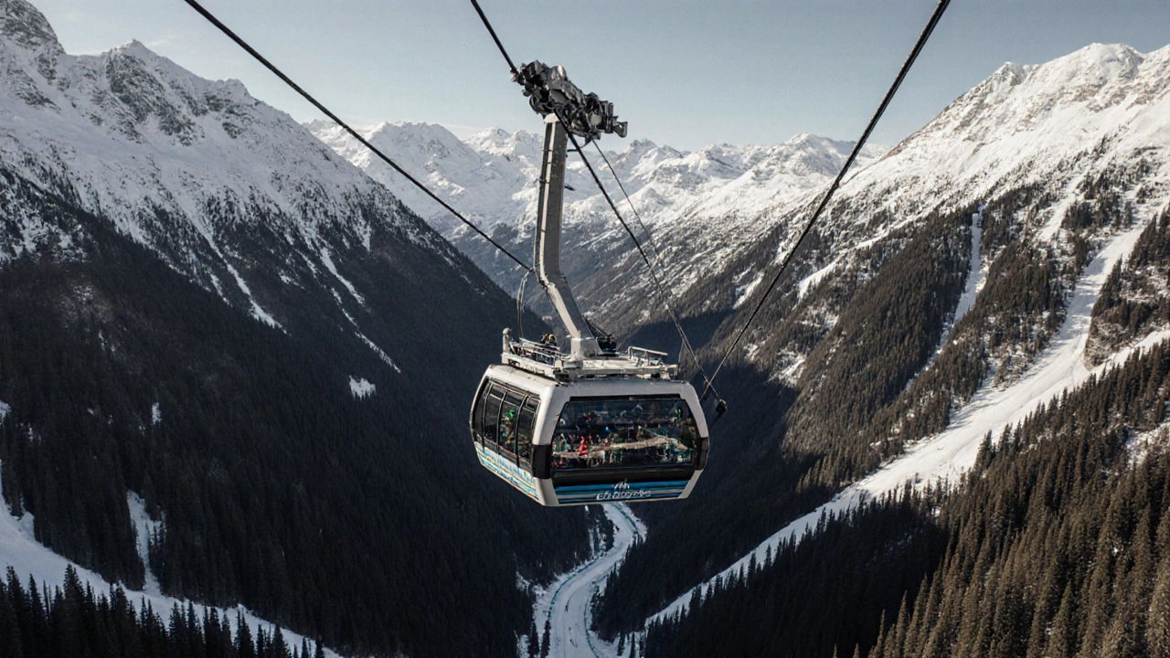 Вид на подвесной канатный подъемник Vanoise Express, летящий над горным ущельем.