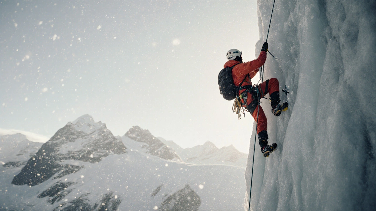 Альпинист в красном костюме висит на леднике, ледоруб в руке.
