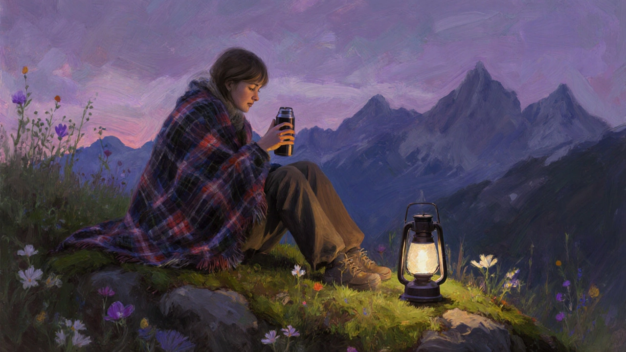 Человек сидит на камне с термосом и пледом на закате, тихо и спокойно.