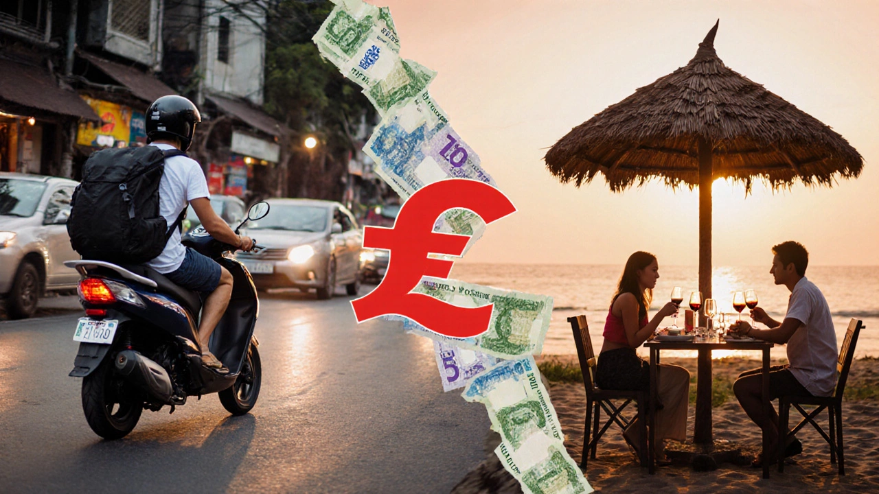 Два стиля отдыха на Бали: мотоцикл и ужин на пляже — символизируют разные бюджеты.