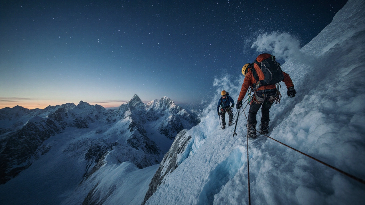 Экспедиция на леднике использует веревки и ледорубы, звездное небо над снежными вершинами.