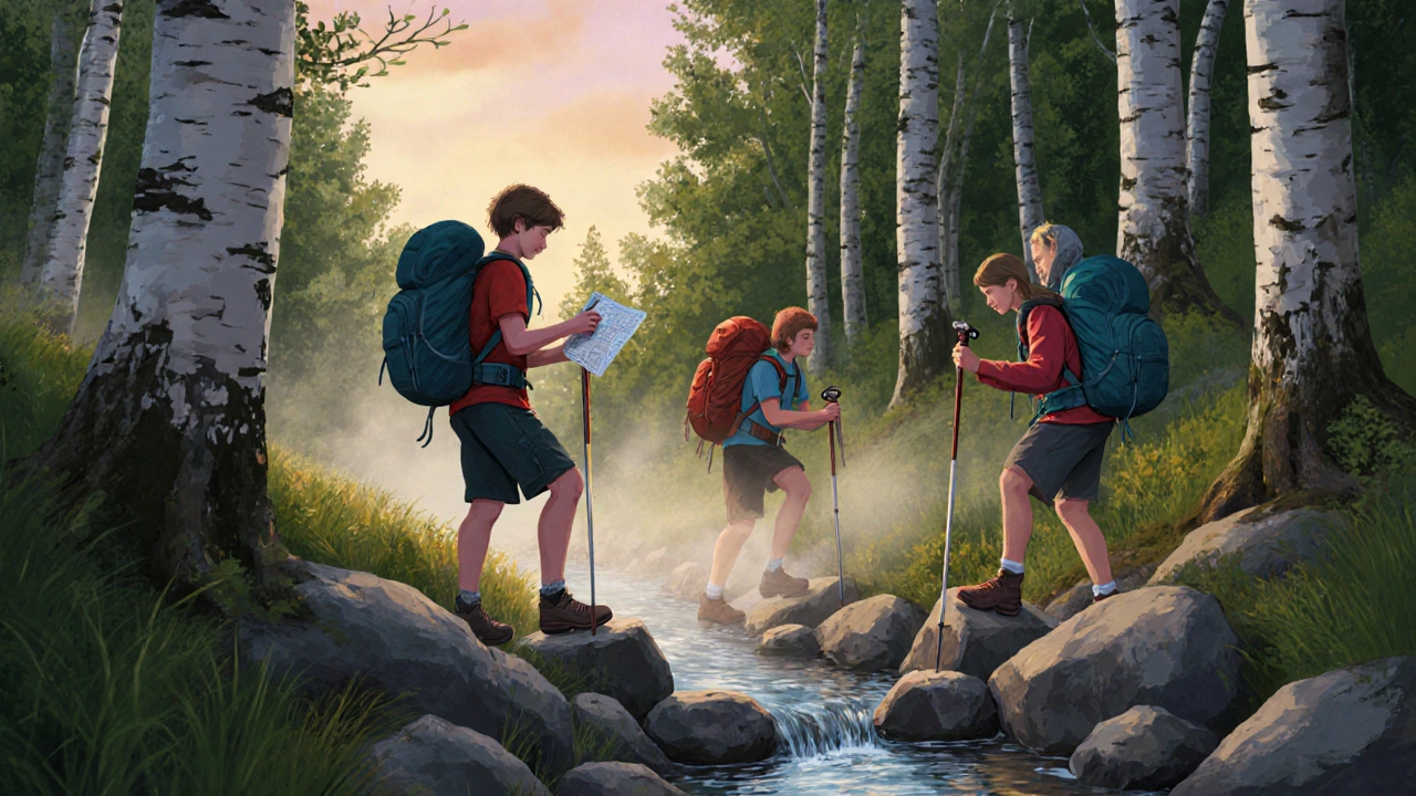 Группа туристов пересекает ручей по камням, используя карту и компас, лесной ландшафт.