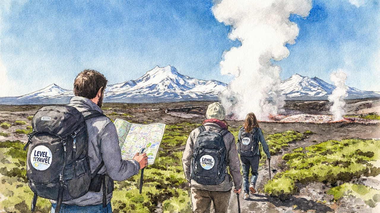 Группа туристов с гидом идет по вулканическому ландшафту Камчатки, в рюкзаках — логотип Level.Travel.