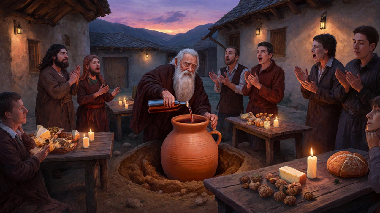 Грузинский старец разливает вино из глиняного квеври в деревенском дворе при свете свечей.