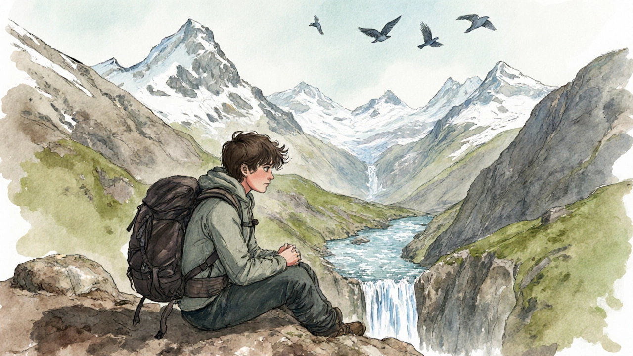 Хайкер сидит на скале в Кавказских горах, за ним — долина и водопады, тихий закат.