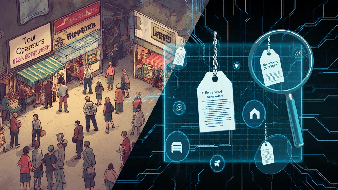 Концептуальная сцена: цифровая сеть Травелате соединяет туроператоров, один из тарифов показывает скрытые ограничения.