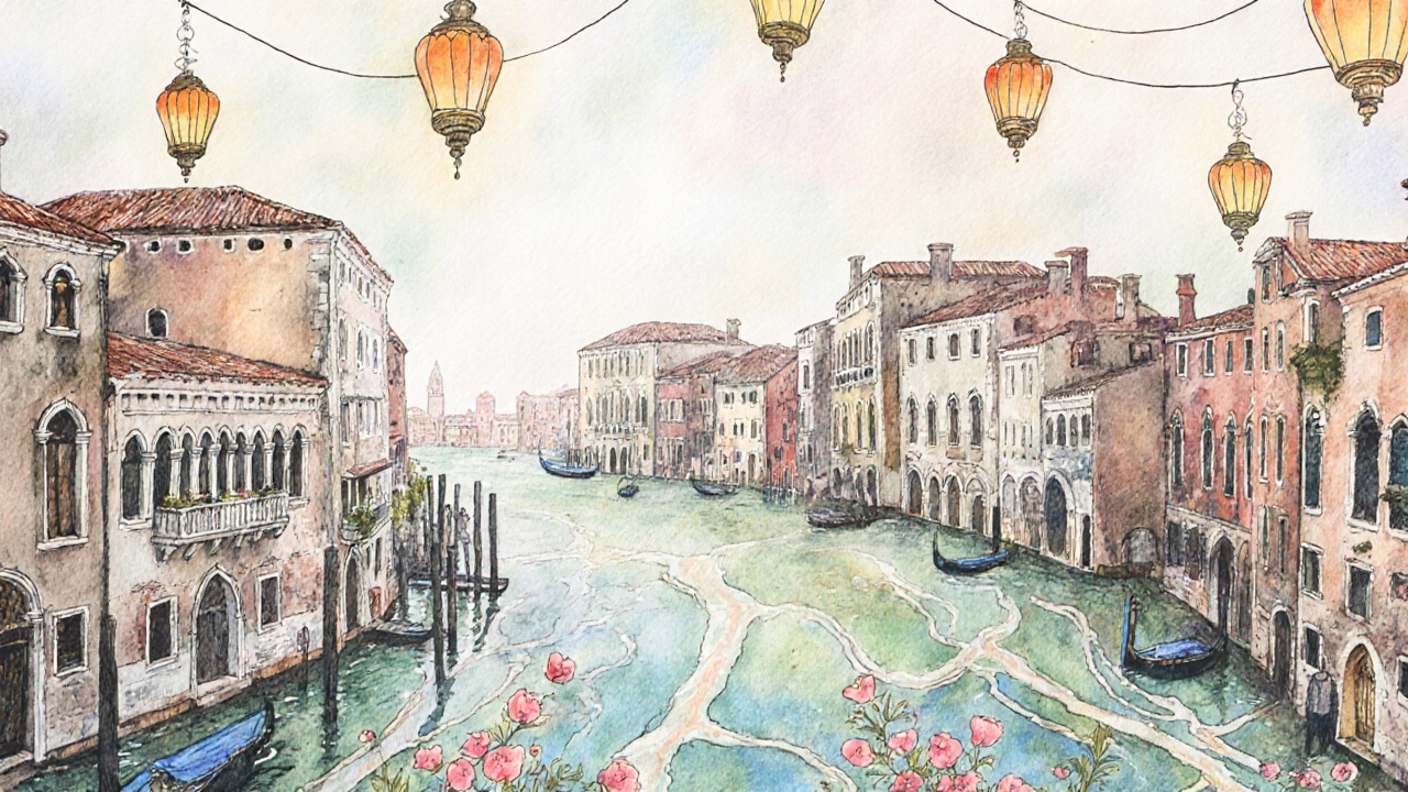 Концептуальное изображение Венеции как живого существа: каналы — вены, здания — кости, цветы — сердцебиение.