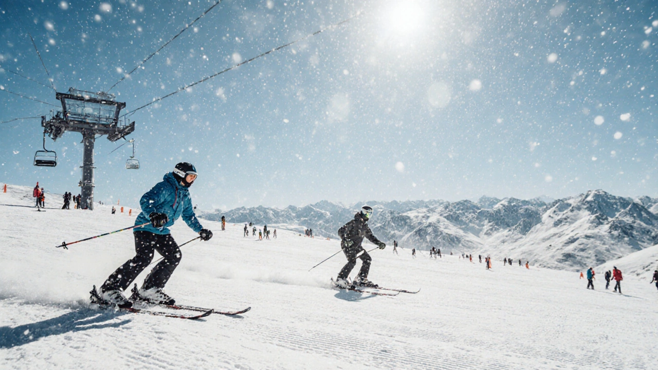 Лыжники на свежем снегу в Боровом, Казахстан, с новым подъёмником и без толп.