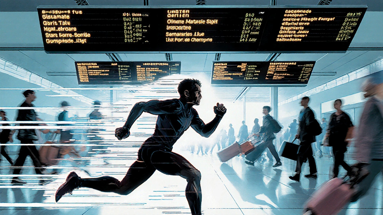 Молодой человек бежит через аэропорт, за ним летят чемоданы, вокруг — мигающие табло с названиями стран.