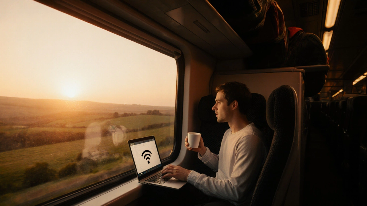 Пассажир в поезде смотрит в окно на европейский пейзаж на закате.