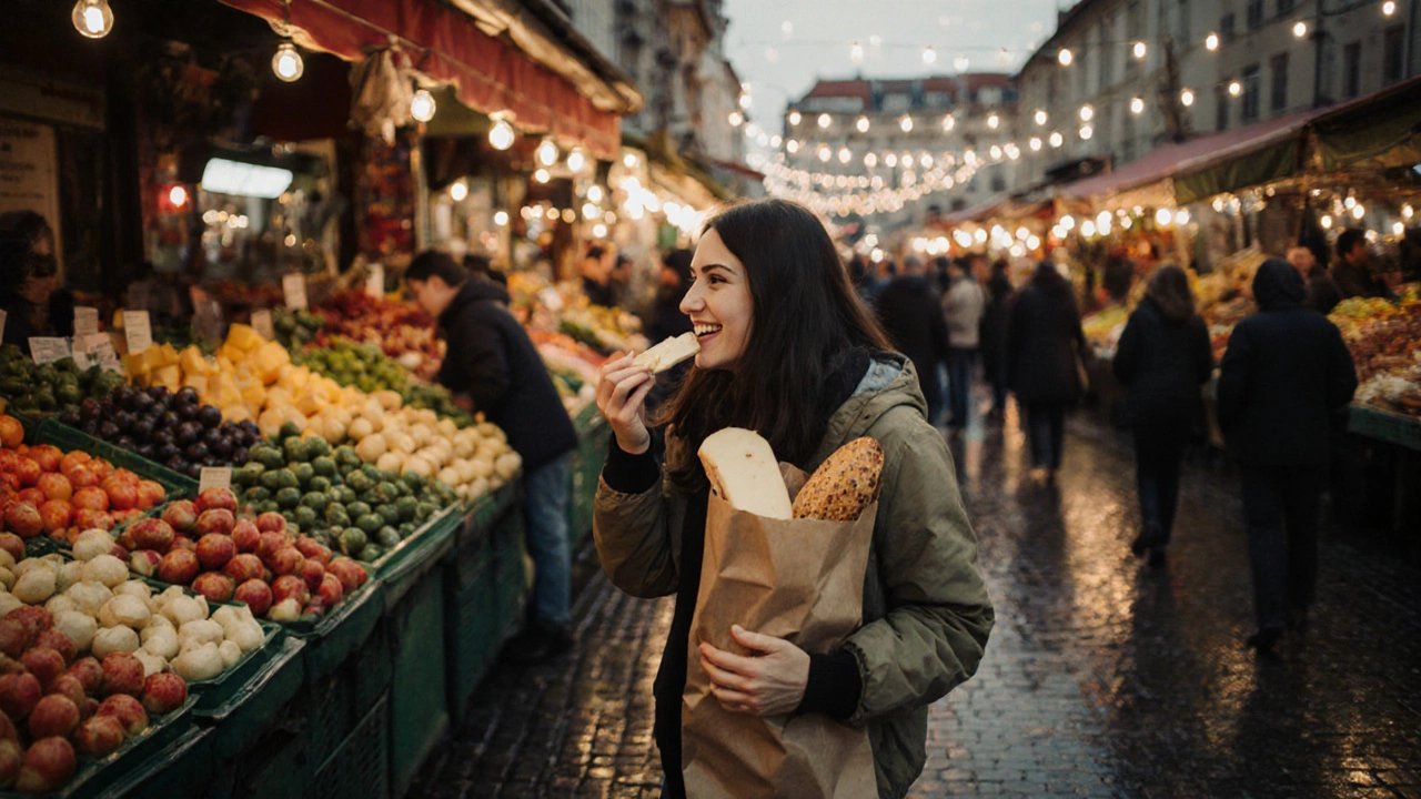 Путешественник ест на местном рынке в Праге, окруженный цветами и овощами.