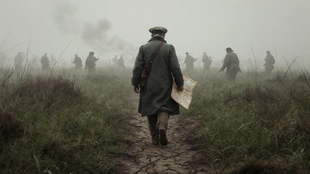 Путешественник идет по полю Бородинского сражения в тумане, видны призрачные силы 1812 года.