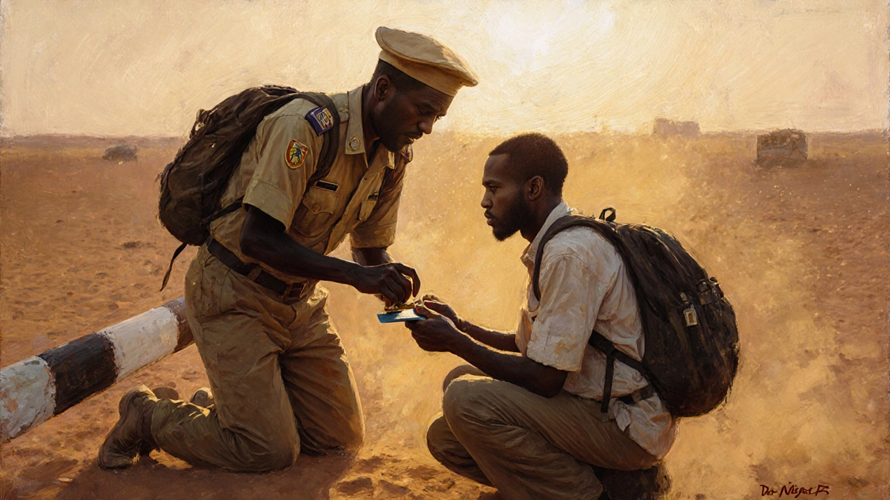 Путешественник получает штамп на пограничном посту в пустыне, местный офицер печатает в паспорте, золотой закат.