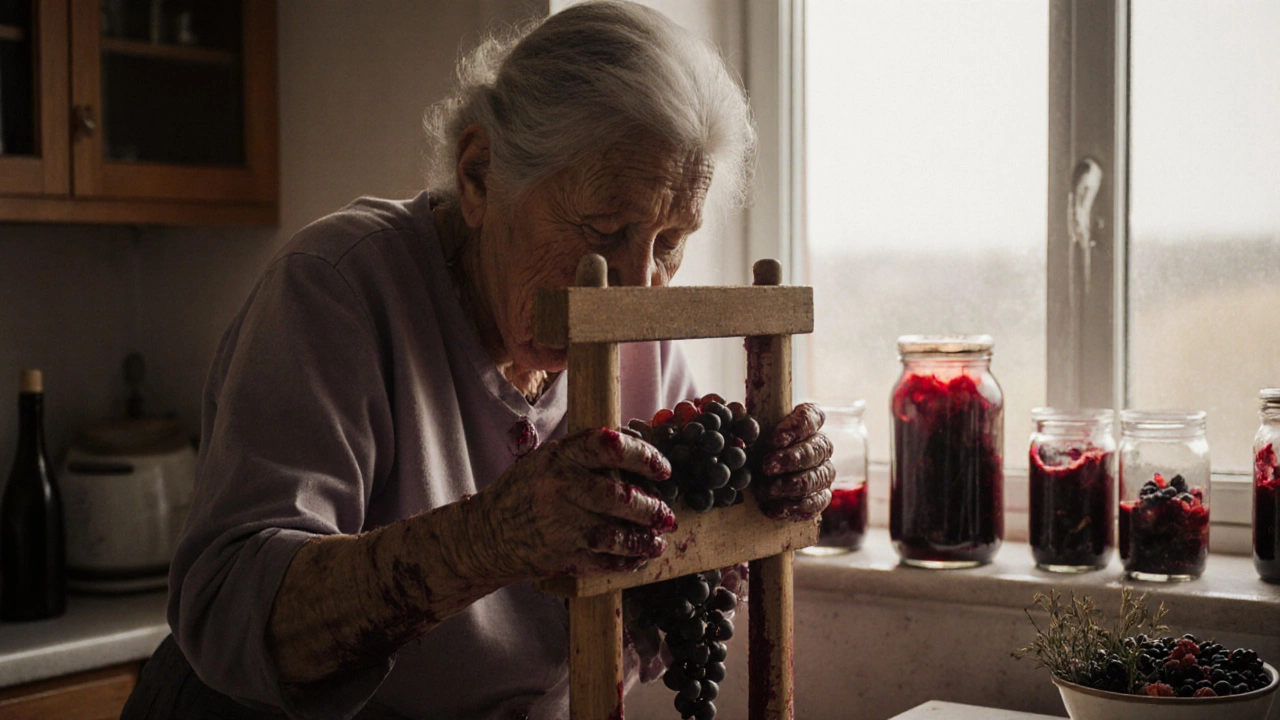 Российская бабушка отжимает виноград в деревянном прессе, рядом — банки с вином и ягоды.