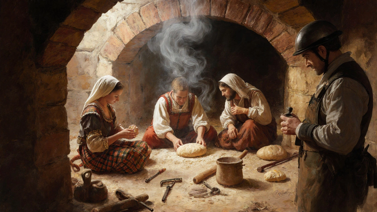 Семья пекет хлеб в древней печи в Костроме, сочетая прошлое и настоящее.