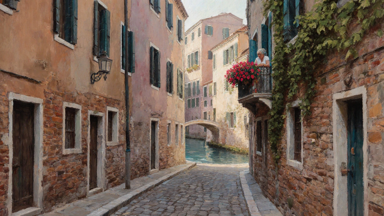 Тихий район Дорсодуро: местная жительница ставит цветы на балкон над каналом, без туристов.