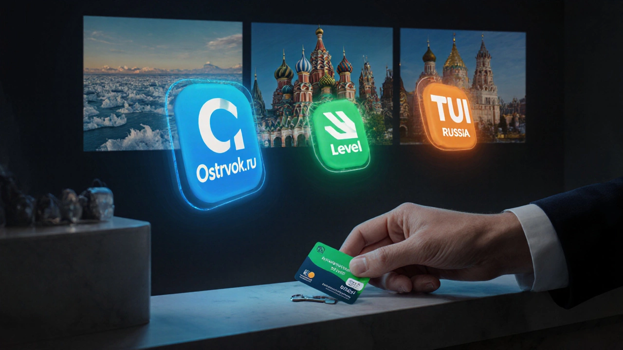 Три приложения для туров в России: Ostrovok.ru, Level.Travel и TUI Russia, светящиеся над отелем с видом на российские достопримечательности.