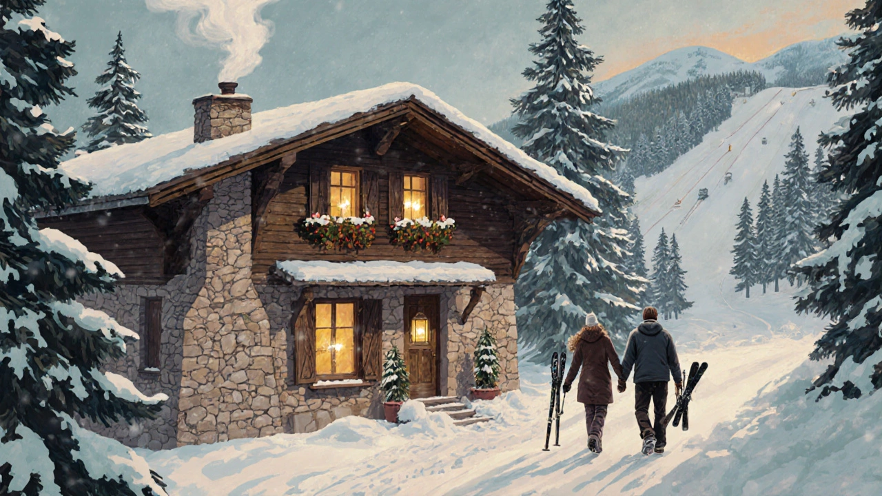 Уютная гостиница в Пойана Брашов, Румыния, с дымом из трубы и людьми, идущими к склону.