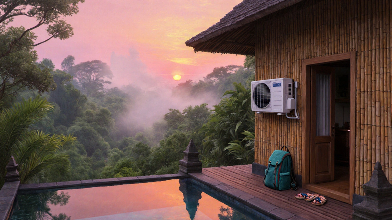 Уютный бунгало в Убуде на закате с джунглями за окном и тихой атмосферой.