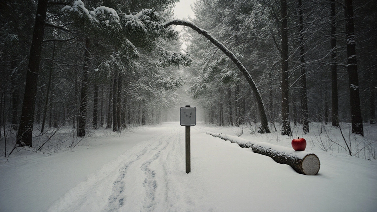 Заснеженная тропа с отпечатками шагов и яблоком на пне, зимний лес, тишина и иней.