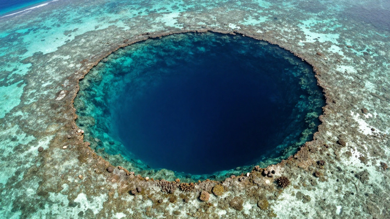 Аэрофото Большой синей дыры в Белизе: переход от зеленой прибрежной воды к глубокому синему провалу.