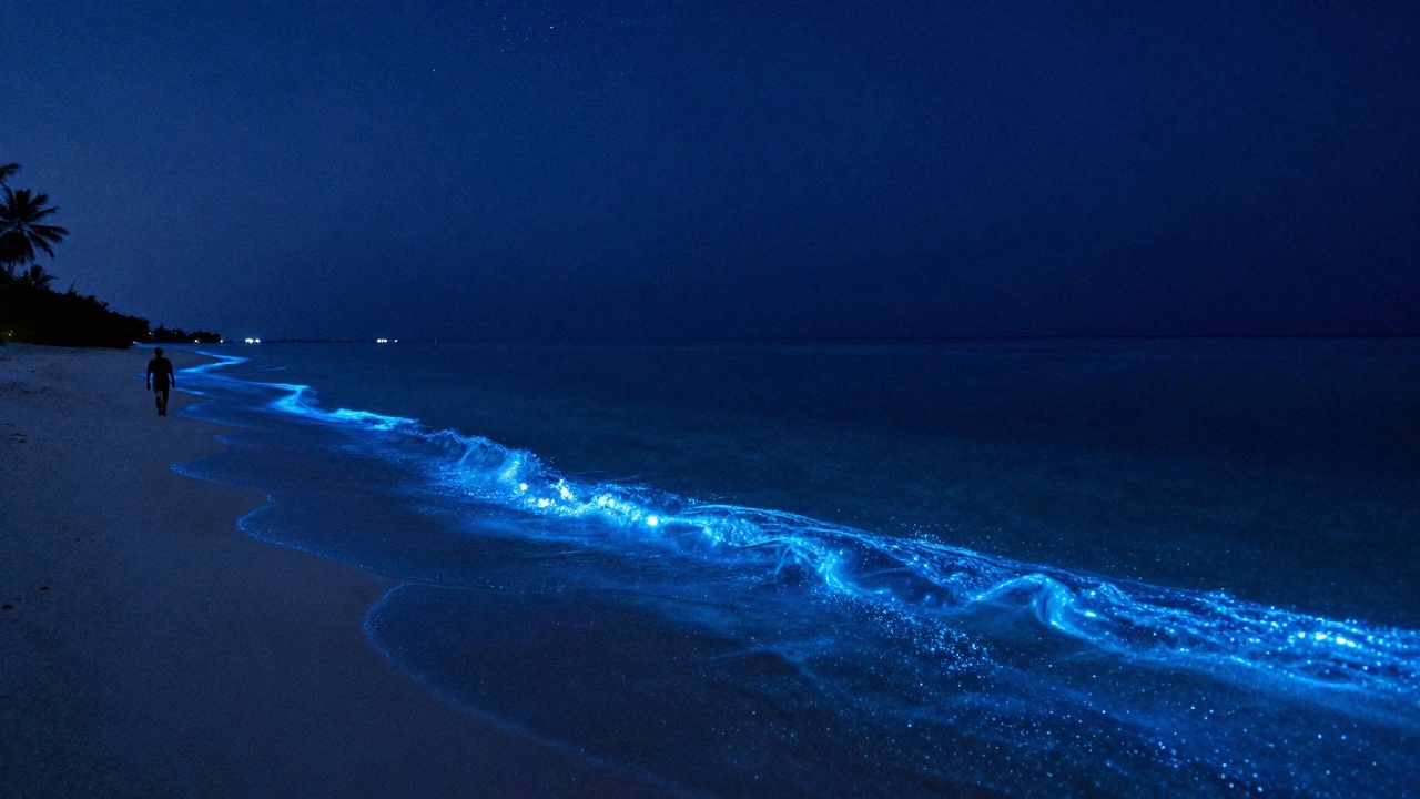Биолюминесцентные волны на острове Вадху, Мальдивы, светятся синим в темноте ночи.