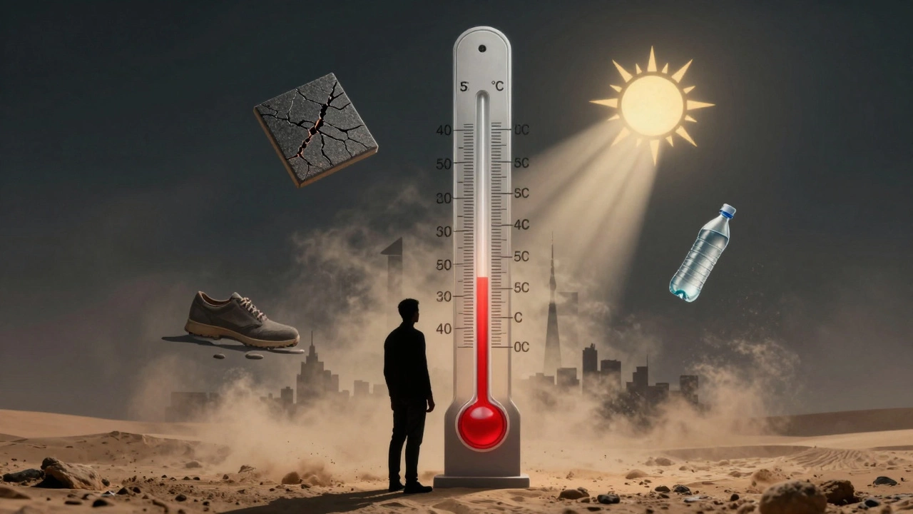 Человеческая фигура на термометре, достигающем 52,3°C, с силуэтами Кувейта внутри столба ртути.