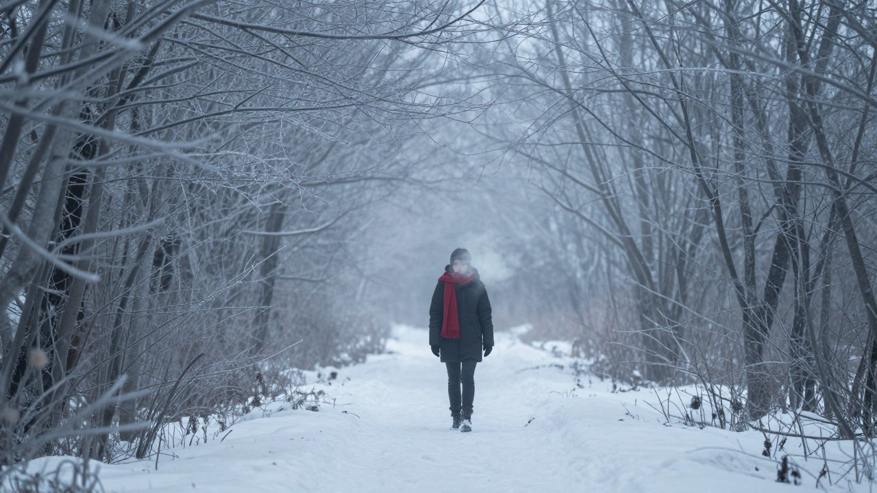 Человек стоит на заснеженной тропе зимой, дыхание видно в холодном воздухе, вокруг тишина и иней на ветвях.