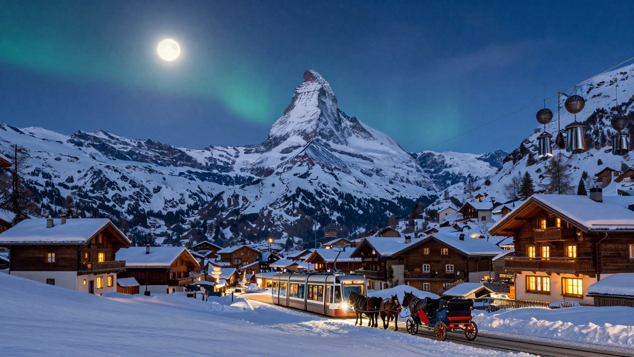 Церматт на закате: Маттерхорн под звездами, без машин, только сани и тихий снег.