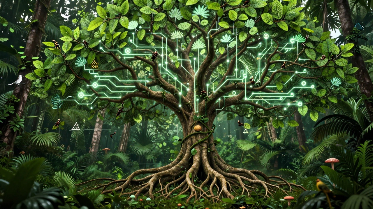 Дерево с биологическими цепями, соединяющими все виды животных и растений в тропическом лесу.