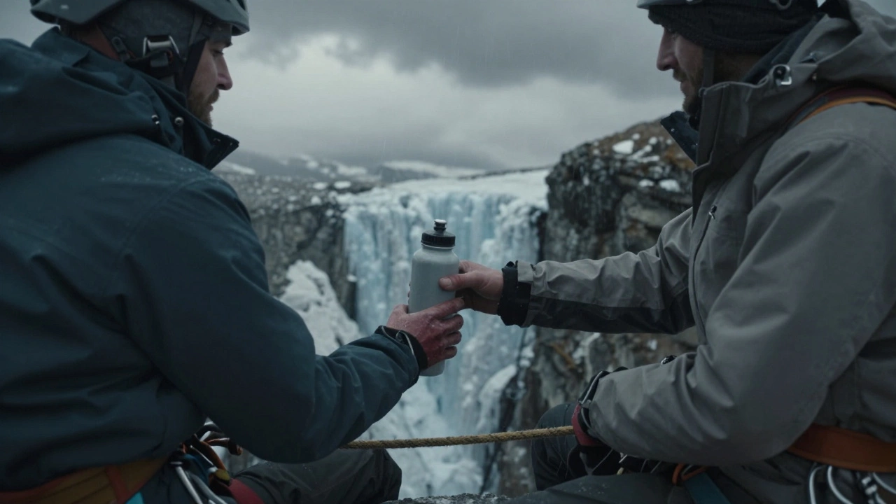Два скалолаза делят воду на узком уступе во время бури, связанные веревкой.