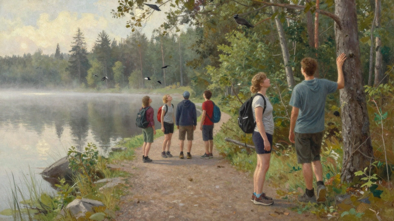 Группа людей гуляет по лесной тропе у озера, никто не использует сложное снаряжение, атмосфера спокойная и умиротворенная.