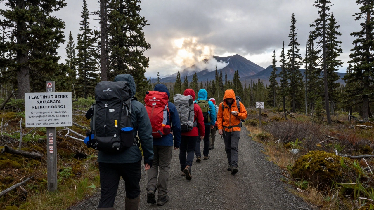 Группа туристов с гидом идет по тропе в Кроноцком заповеднике, на фоне вулканов.