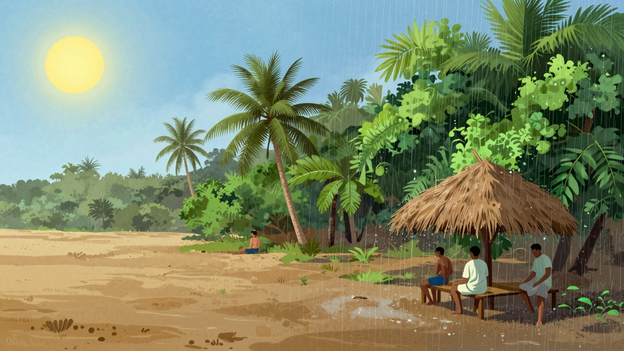 Контраст сухого и дождливого сезонов в тропиках: солнце и внезапный ливень под пальмой.