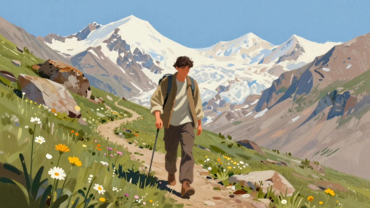 Пеший турист идет по горной тропе в Алтае среди цветов и скал, на фоне ледников.