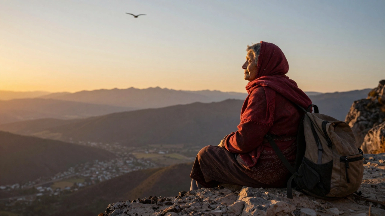 Пожилая женщина сидит на скале на закате, с закрытыми глазами, вдали — горный пейзаж.