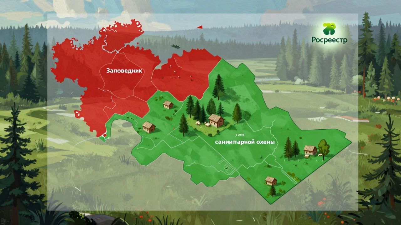 Прозрачная карта: красные зоны заповедников и зелёные разрешённые участки с экодомами.